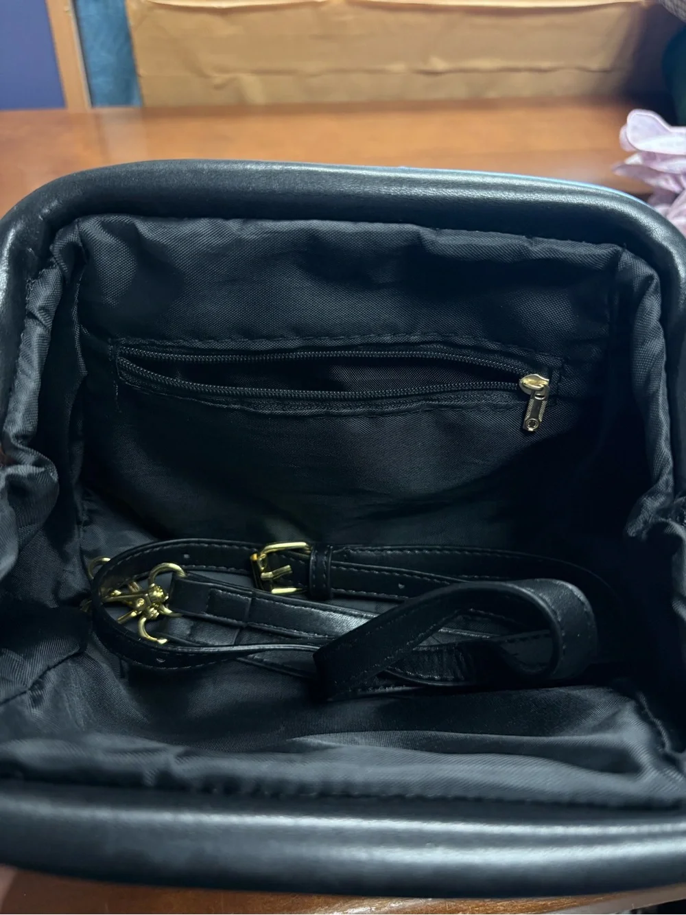 Structured Black Leather Wristlet Clutch/ Purse with Gold-Tone Accent